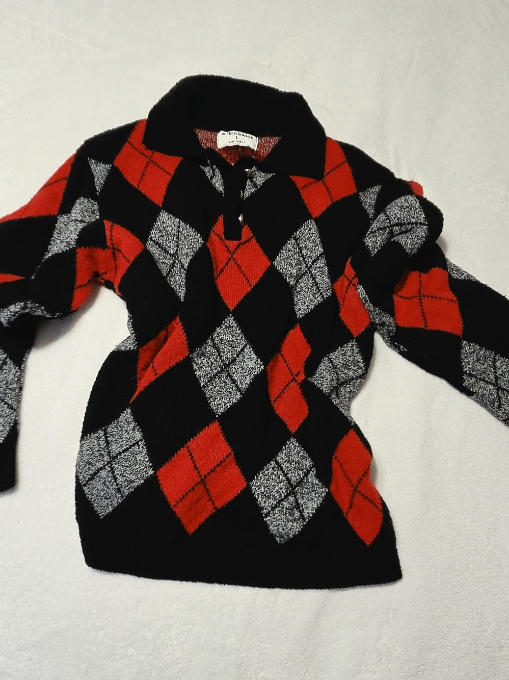 Vintage Alfred Dunner Argyle Knit Polo Sweater Women's Large Red Black USA Made
